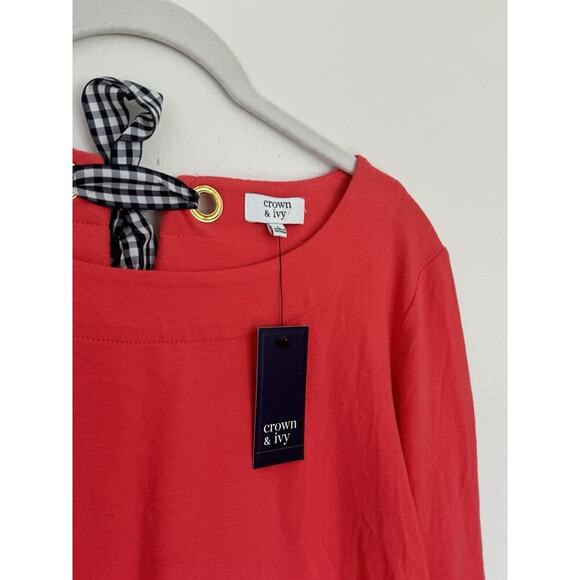 NEW CROWN & IVY Womens L - Wide Neck Bow Detail 3/4 Sleeve Coral Pink Red Blouse - Picture 3 of 6